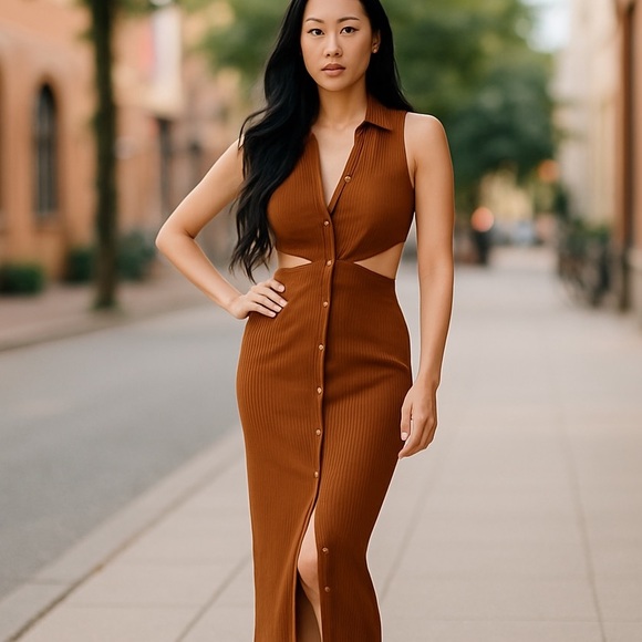 EMORY PARK BUTTON FRONT CUT OUT MIDI SUNDRESS MID SKIRT RIBBED BODYCON STRETCH L - Picture 16 of 17